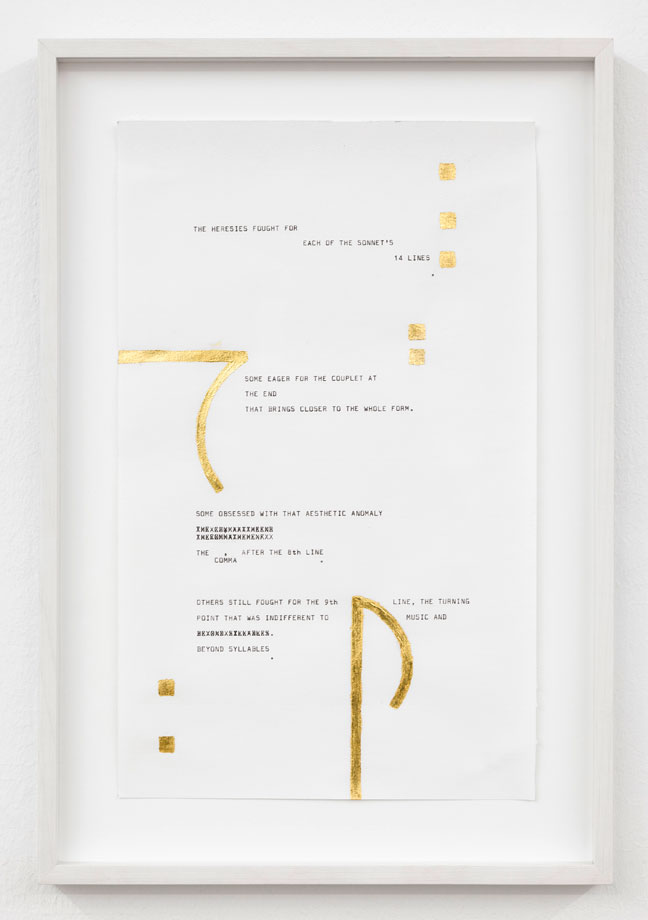 "The Heresies fought for each of the Sonnet's 14 lines", 2013 Frederik series 23 cm x 37.2 cm Carbon ink and gold leaf on paper