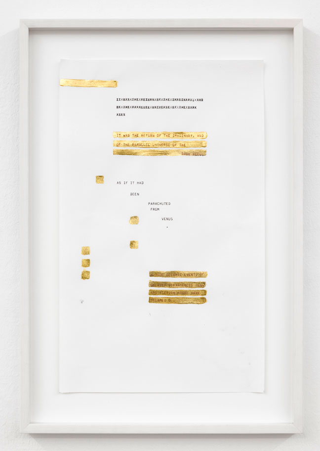 "As if it had been parachuted from Venus", 2013 Frederik series 23 cm x 37.2 cm Carbon ink and gold leaf on paper