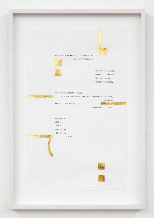 "The bickering was partly entertaining, partly a nuisance", 2013 Frederik series 23 cm x 37.2 cm Carbon ink and gold leaf on paper